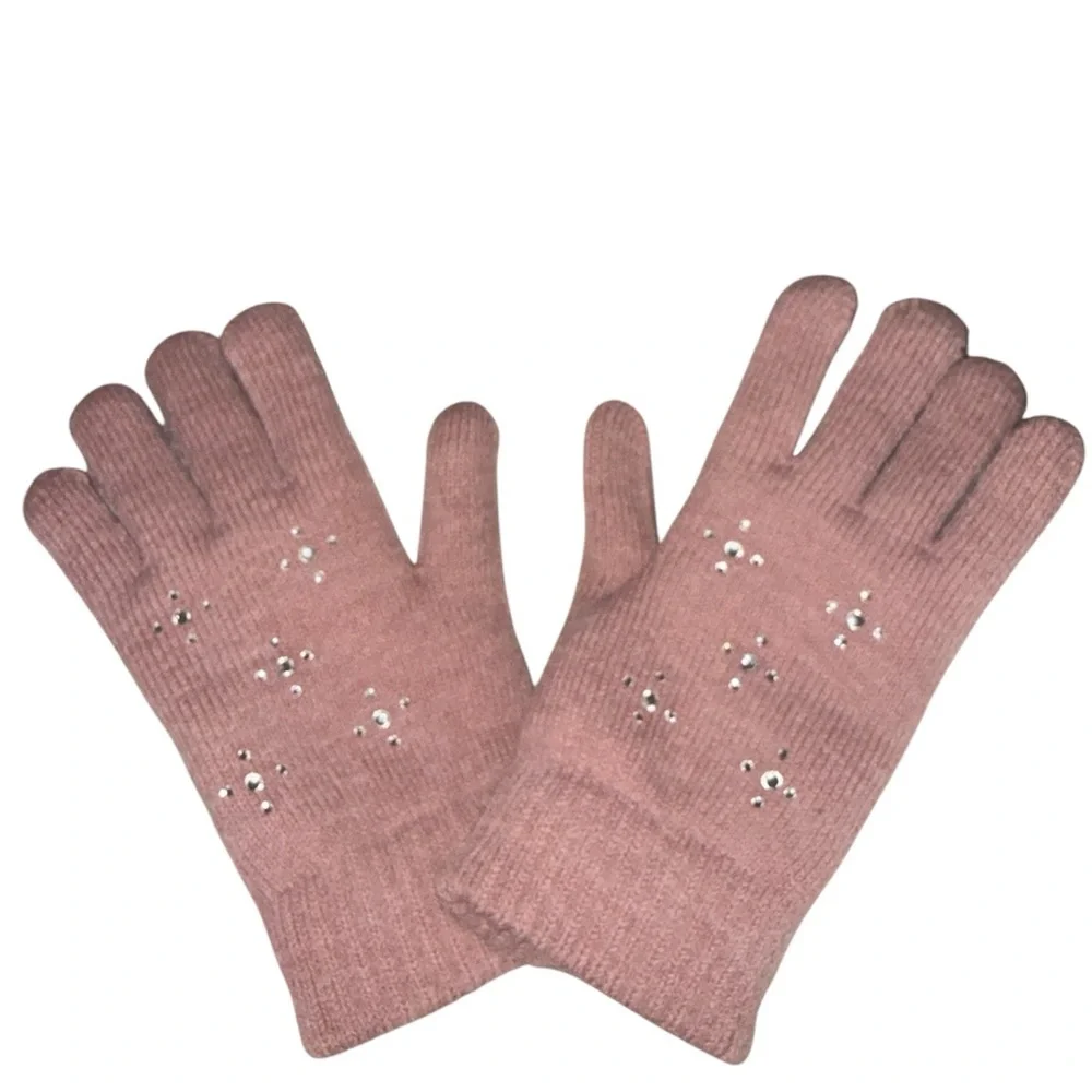 Pink Sparkle Studded Knit Gloves Soft Warm Fleece Lined Winter Cold Weather